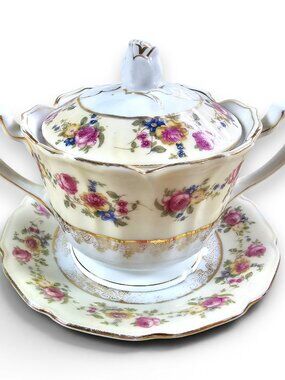 Gold Castle Hostess Sugar Bowl with Lid and Saucer Plate Floral Vintage Japan